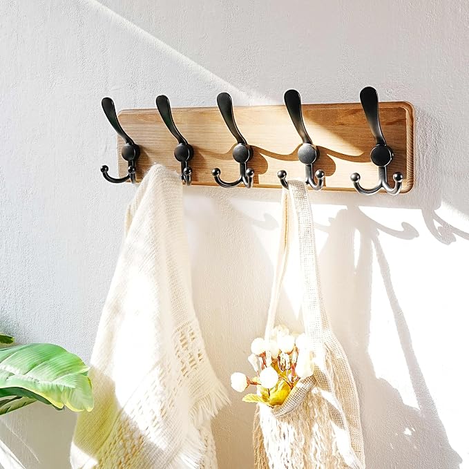 Coat Rack Wall Mount - Heavy-Duty Robust Barnwood-Style Wooden Wall Coat Hanger Hook Rail with 5 Triple Hooks for Winter Coats Hat Jacket Clothing, Weathered Brown & Black