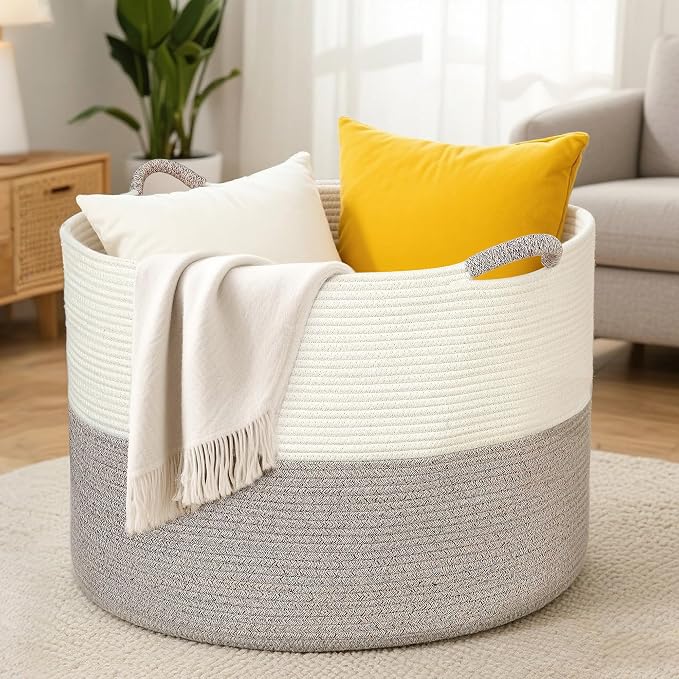 XXXXL 125L Extra Large Blanket Basket, 24.8" x 16" Jumbo Woven Basket (Includes 2 Cute Baskets), Cotton Rope Basket with Handle for Living Room, Baby Toys Nursery, Laundry, Home Decor (White/Brown)