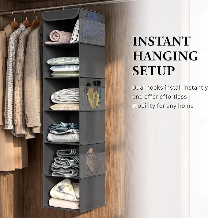 Simple Houseware 6 Shelf Hanging Closet Organizer, Dark Gray | 360° Rotating Dual Hooks, Top Support Metal Frame, 6 Side Mesh Pockets