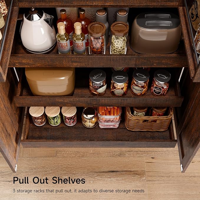 71" Tall Farmhouse Kitchen Pantry Cabinet with 3 Pull Out Shelves & 2 Large Drawers, Pantry Storage Cabinet with 6 Door Shelf & Adjustable Shelf, Freestanding Cupboard for Kitchen, Dining Room