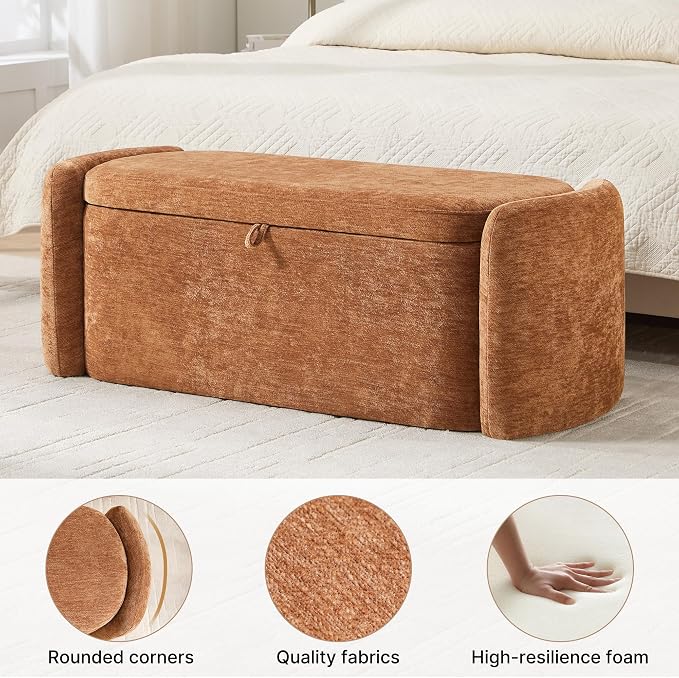 Oval Storage Ottoman Bench, 45" Upholstered Chenille End of Bed Storage Bench, Foot Rest Ottoman with Storage, Bedroom Living Room and Hallway,Orange