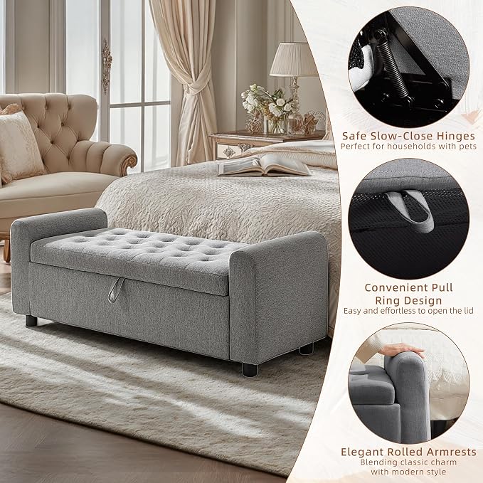 48" Ottoman with Storage, Tufted Storage Ottoman Bench, Convenient Living Room Fabrics Bench Seat, Entryway Shoe Benches with Inner Zipper & Arm, Rivetless Upholstered Window Seat Ottomans, Dark Grey