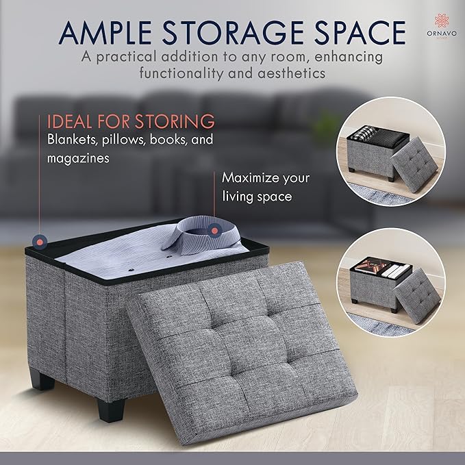 Ornavo Home Small Rectangle Storage Ottoman with Legs, 12x16x12, Gray | Foot Rest Stool Seat; Holds Up to 600 lbs; Ideal for Living Room, Bedroom, Home Office or Dorm