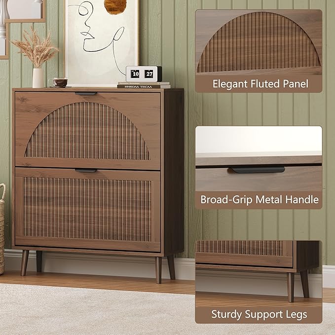 BORNOON Shoe Cabinet for Entryway with 2 Flip Drawers, Slim Wooden Shoe Storage Organizer with Modern Fluted Pannel，Freestanding Narrow Hidden Shoe Rack for Hallway, Foyer, Living Room