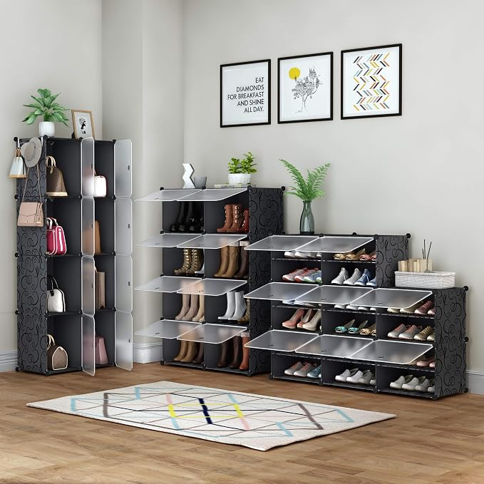 HOMIDEC Shoe Rack Organizer 32 Pair Modular Shoe Storage Cabinet for Closet | PP Plastic, Sturdy Steel Frame, Waterproof, Dustproof, Easy Clean, Shoe Shelves for Closet Garage Hallway Bedroom Entryway