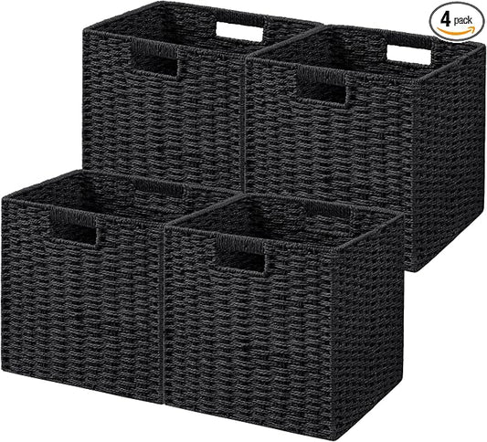 UBBCARE 4 Pack Wicker Basket, 11L×11H×10.5W inch Woven Paper Rope Storage Baskets for Shelves, Foldable Cube Storage bin with Handle, Storage Basket for Organizing & Decor, Black