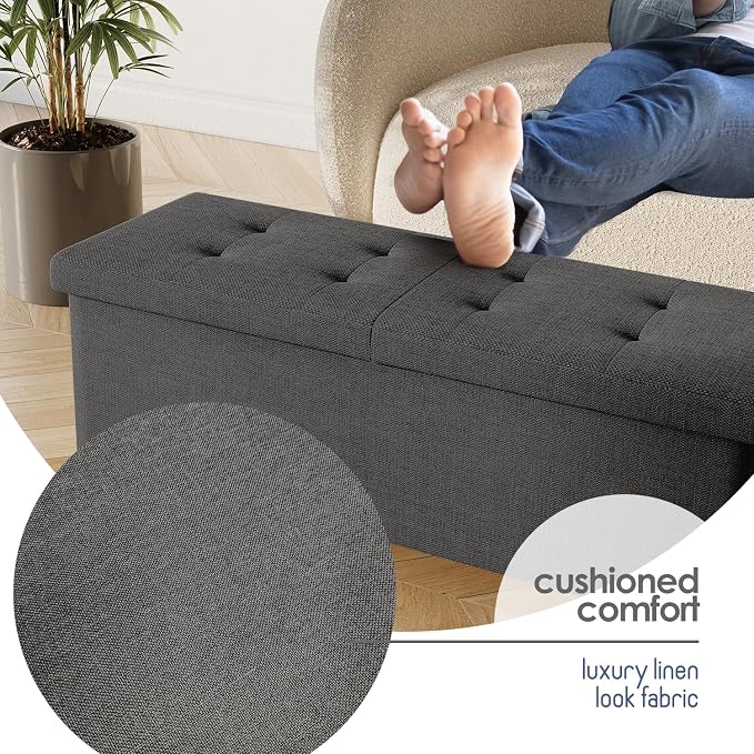Storage Ottoman Bench with Bins, 43-in Storage Bench for Bedroom End of Bed, Folding Foot Rest Ottoman for Living Room Max 660lbs, Fabric Ottomans, Grey