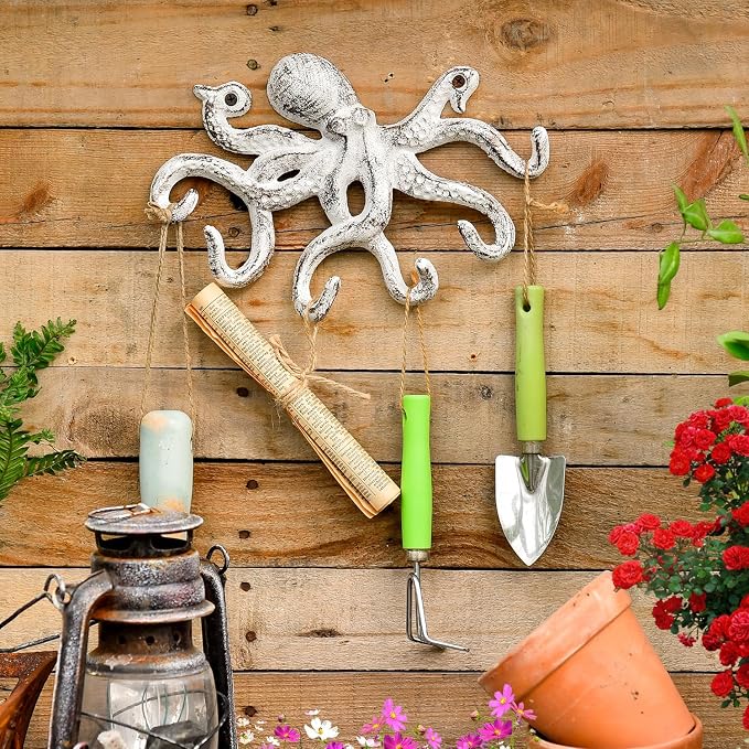 Sungmor Cast Iron Key Holder for Wall, White Octopus Hanger with 6 Hooks, | Wall Hooks for Towel, Bathrobe, Necklaces, Purse, Dog Leashes, Bathroom Nautical Decor