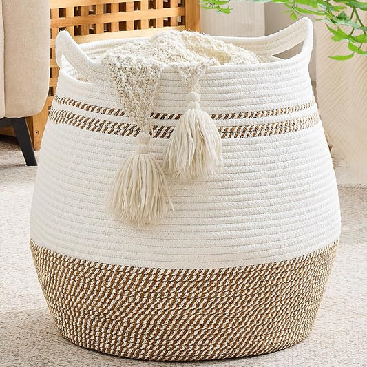 KAKAMAY Large Cotton Rope Woven Basket for Storage (17"x17"), Collapsible Laundry Hamper for Baby, Blanket Basket for Organizing Living Room, Nursery, Clothes, Toy Chest, Brown Stripes