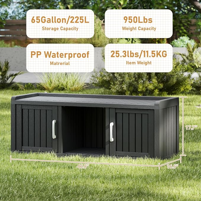 2-Tier Storage Bench, Waterproof UV-Resistant Outdoor Shoe Storage Cabinet with 2 Doors & Adjustable Shelves for Indoor Outdoor Entryway, Hallway, Living Room(Black)
