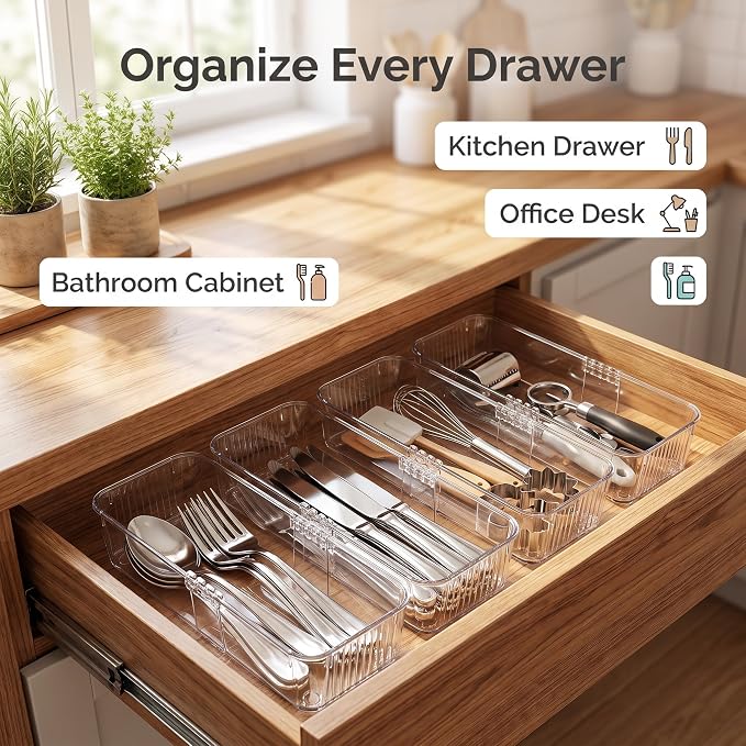 4-Pack Expandable Utensil Drawer Organizer | Clear Plastic Adjustable Storage Trays for Kitchen cutlery, silverware, Refrigerator, Cabinet & Pantry