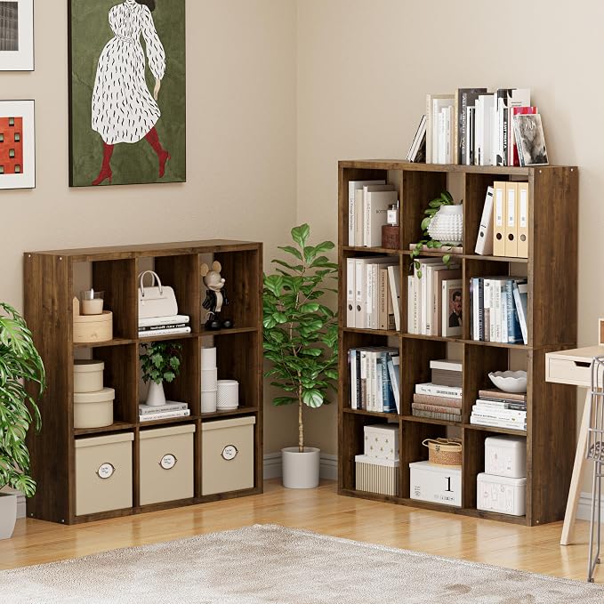 VDNEND Cube Storage Organizer Bookcase, Decorative 11 inch Open Back Cubical Shelf with Thickened Border, Display Bookshelf for Living Room, Home Office, Sturdy Room (Brown, 12 Cube)