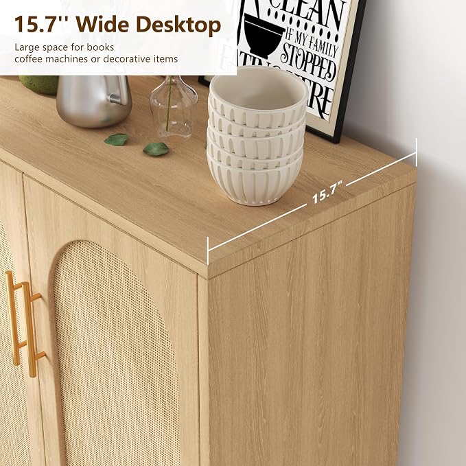 Keehusux 15.7" D Rattan Storage Cabinet with 2 Doors & Adjustable Shelf | Accent Buffet Sideboard Cabinet with Solid Wood Legs, Coffee Bar for Kitchen, Living Room, Entryway, Natural Oak