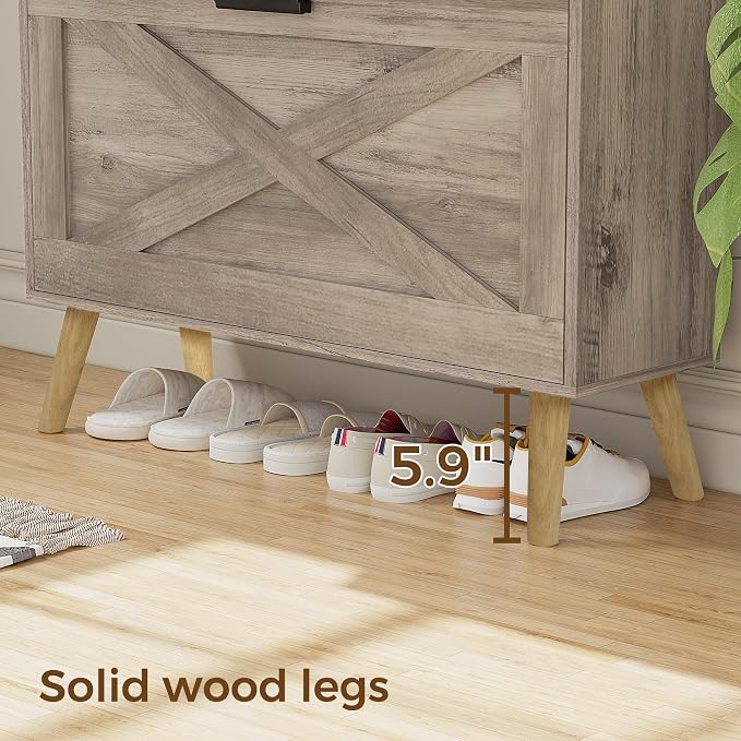 Homleke Farmhouse Shoe Storage Cabinet with Flip Drawers & Barn Door Design | Slim Narrow Shoe Rack Cabinet with Adjustable Shelves & Hidden Storage for Entryway, Foyer, Hallway, Living Room, Greige