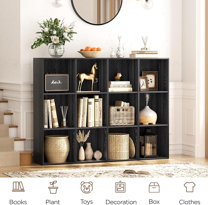 VDNEND Wooden Storage Organizer with Closed Back Panel, 11in Cube Shelf Opening, Bookshelf, Display Shelf,Closet Cabinet for Home and Office (Black, 12-Cube 35.98L*9.45W*47.72H)