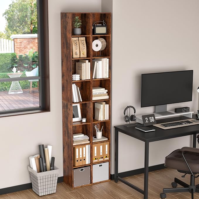 8-Cube Storage Organizer Bookcase, Tall Narrow Bookshelf for Home Office (Retro Brown)