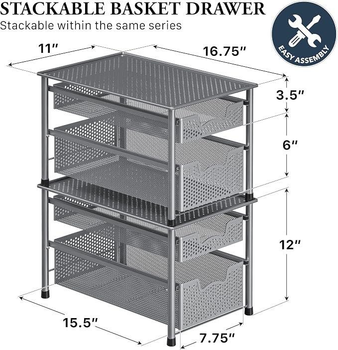Simple Houseware Stackable 2 Tier Sliding Basket Organizer Drawer, Silver