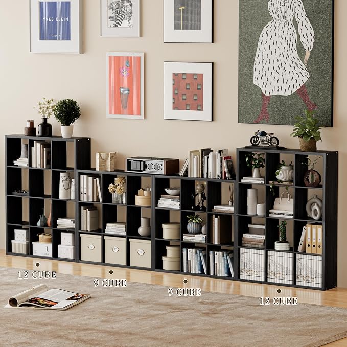 VDNEND Cube Storage Organizer Bookcase, Decorative 11 inch Open Back Cubical Shelf with Thickened Border, Display Bookshelf for Living Room, Home Office, Sturdy Room (Black, 12 Cube)