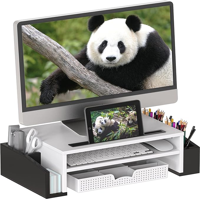Simple Houseware Desk Monitor Stand Riser w/ Adjustable Tray, Black/White | Built-In Tablet Slot and Side Storage