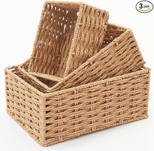 Small Wicker Basket for Organizing, Woven Storage Basket Sets of 3 | Handwoven Natural Paper Rope Baskets to Declutter Any Room, Perfect for Organizing and Home Decor