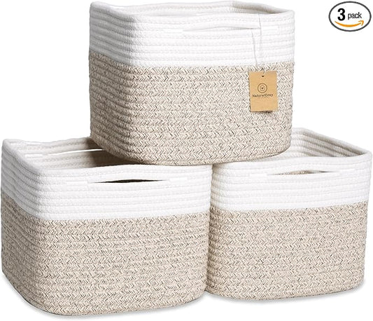 NaturalCozy Storage Cubes 9”x9”x7”Cotton Rope Woven Baskets for Organizing 3-Pack | 9 Inch Cube Storage Bin | Small Basket for Shelf Nursery, Pantry, Decorative Plant, Bathroom Closet, Toy Gift