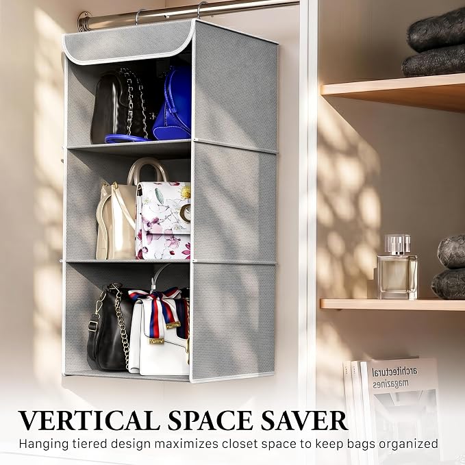 Simple Houseware 3 Shelf Hanging Closet Organizer, Gray | 360° Rotating Dual Hooks, Top Support Metal Frame