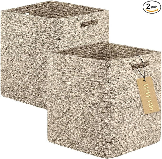 OIAHOMY Storage Cubes, 11 Inch Cube Organizer, Collapsible Storage Bins, Baskets for Organizing, Bins for Shelves-Brown, 2-PACK