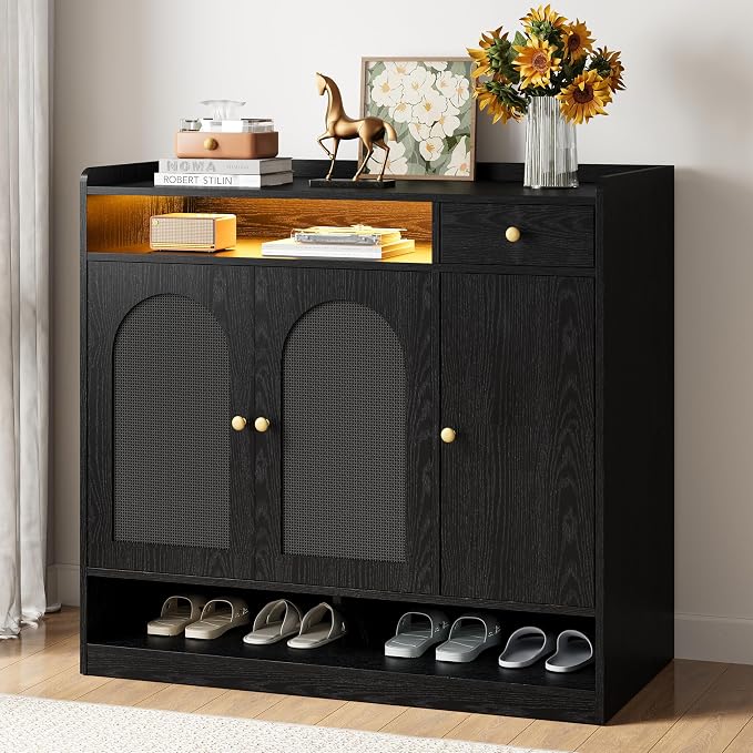 LIKIMIO Rattan Shoe Cabinet with 6-Tier Storage, 3 Doors & LED Light | 30 Pairs Shoe Storage Cabinet with Drawer, Adjustable Shelves, Shoe Rack Organizer for Entryway, Living Room, Black