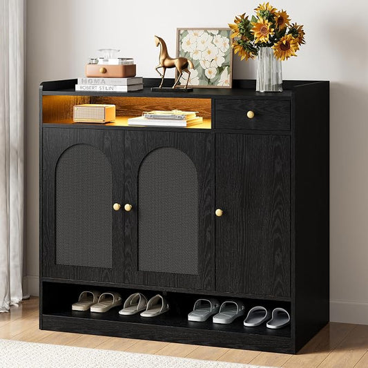 LIKIMIO Rattan Shoe Cabinet with 6-Tier Storage, 3 Doors & LED Light | 30 Pairs Shoe Storage Cabinet with Drawer, Adjustable Shelves, Shoe Rack Organizer for Entryway, Living Room, Black