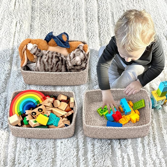 Goodpick 3Pack Rope Storage Baskets for Shelves Organizing, 11 x 7 x 4.5 in | Woven Baskets for Closet Fit Bedroom Lving Room, Small Baskets for Gift Empty, Dog Toy Basket for Pets, White & Light Gray
