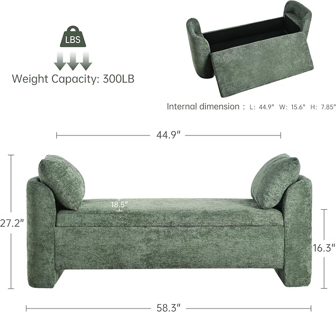 Usaint 58.3" Upholstered Storage Ottoman Bench with 2 Throw Pillows, Green | End of Bed Bench with Curved Arms and Thickened Seat Cushion for Bedroom, Livingroom, Window, Entryway and Dressing Areas