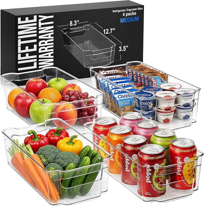 Zulay Kitchen 4 Pack Clear Refrigerator Organizer Bins - Large Fridge Organizers and Storage Containers - Transparent, BPA Free, Durable, Shatterproof