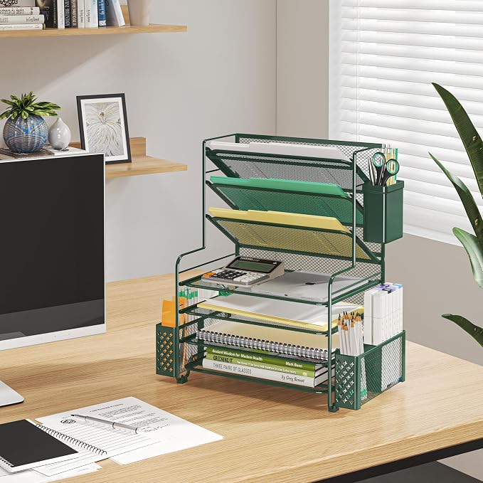 Simple Trending 7 Tier Desk File Organizer, Letter Tray Paper Organizer with Pen Holder and Metal Hanging Basket, Green