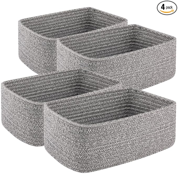 OIASKET 4 Pack Small Storage Shelf Baskets for Organizing, Mini Woven Rope Storage Bins for Towels, Cute Decorative Closet Organizer，Baby Nursery, Gift Empty Baskets -11.81''Lx7.87''Wx4.72''H-Grey