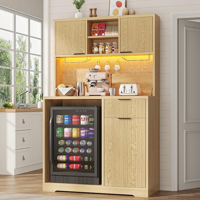 kepptory 72" Mini Fridge Cabinet with Storage, Coffee Bar Cabinet with Mini Fridge, Tall Coffee Bar Station with RGB LED Light, Wine Glass Holder, for Home Kitchen Living Room, Retro