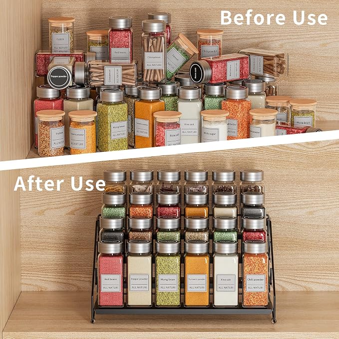 4 Tier Spice Rack Organizer for Cabinet, Depth Adjustable Spice Rack,1 Pack | Black, Metal Spice Organization for Cabinet, Easy Visibility, Tiered Spice Shelf Perfect for Cabinet, Pantry and Countertop