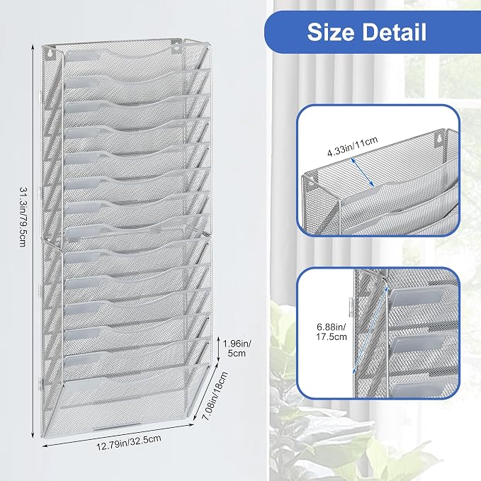 EasyPAG Wall File Organizer for Office 14 Pocket Mesh Wall Mounted Paper Organizer Hanging Folder Holder with Nametag Label for Home School, Silver
