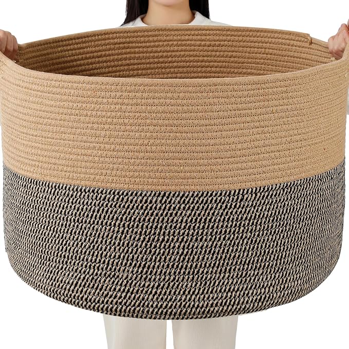 Foldable Laundry Hamper Basket with Collapsible Handle Cotton Rope Soft Woven Fabric Storage Organizer Clothes Toys Nursery Bedroom Dorm Space Saving Bin (Camel & Mix Camel, 80L(21.7"D x 13.8"H))