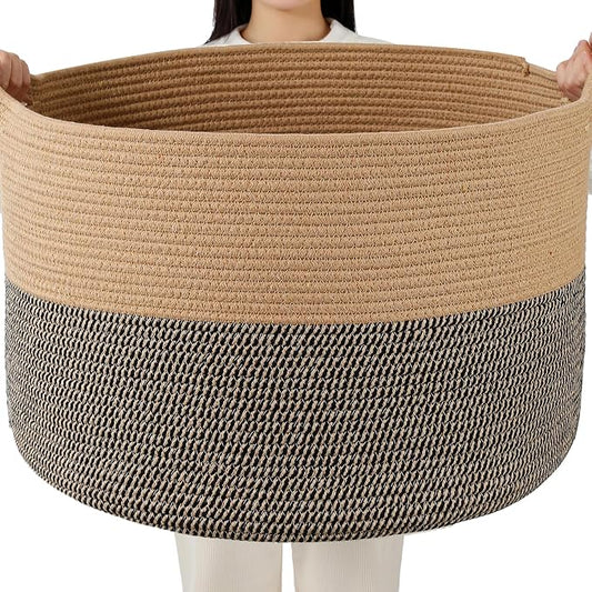 Foldable Laundry Hamper Basket with Collapsible Handle Cotton Rope Soft Woven Fabric Storage Organizer Clothes Toys Nursery Bedroom Dorm Space Saving Bin (Camel & Mix Camel, 80L(21.7"D x 13.8"H))