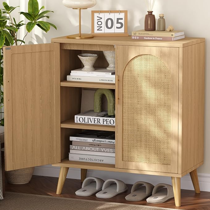 Keehusux 15.7" D Rattan Storage Cabinet with 2 Doors & Adjustable Shelf | Accent Buffet Sideboard Cabinet with Solid Wood Legs, Coffee Bar for Kitchen, Living Room, Entryway, Natural Oak