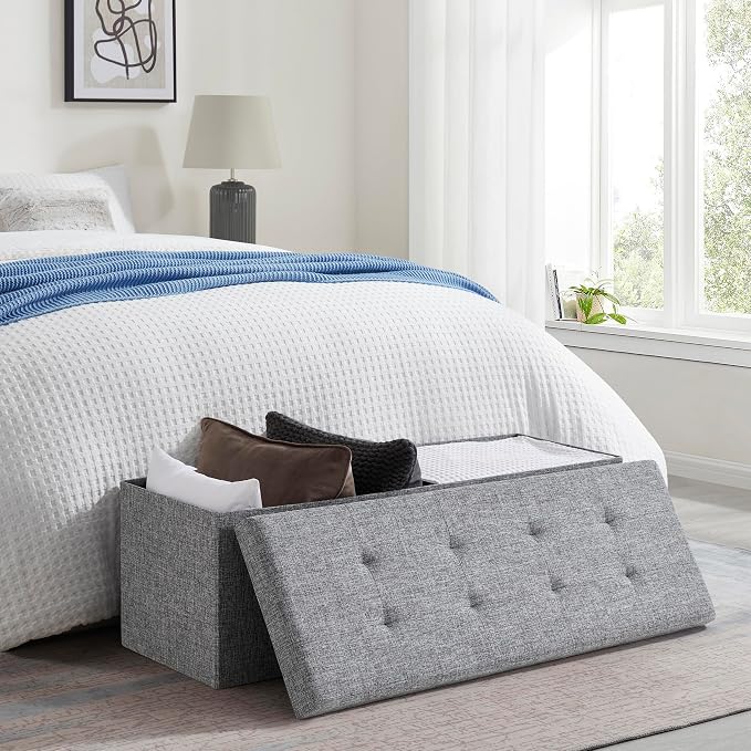 Ornavo Home 43 Inch Folding Extra Large Storage Bench, Linen, Gray | Upholstered Tufted Ottoman with Lid; Foot Rest Stool; Ideal for Bedroom, Living Room or Entryway