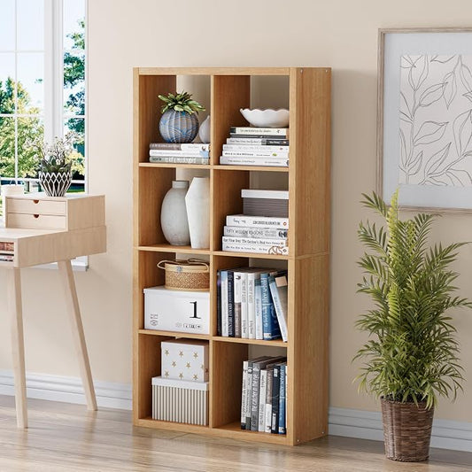 VDNEND Cube Storage Organizer Bookcase, Decorative 11 inch Open Back Cubical Shelf with Thickened Border, Display Bookshelf for Living Room, Home Office, Sturdy Room (Natural Oak, 8 Cube)