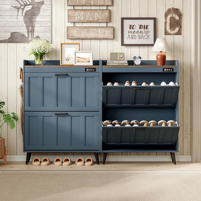 ChooChoo Shoe Storage Cabinet with 2 Flip Drawers and Deodorizer | Shoe Organizer Storage for Entryway, Freestanding Hidden Slim Narrow Shoe Rack Cabinet, Blue