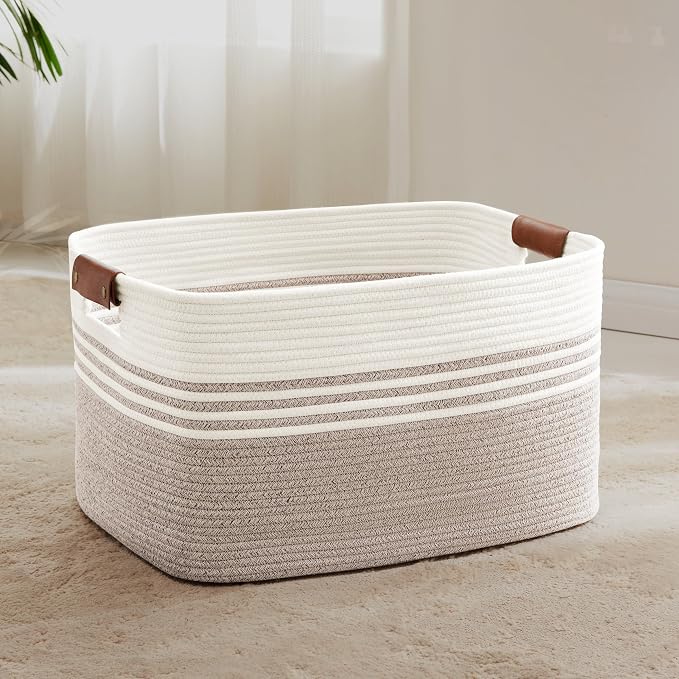 72L Large Woven Laundry Basket Hamper with Leather Handles,Brown | collapsible wicker hamper, storage for dirty clothes, toys, blankets, gifts, living room, bedroom, bathroom, 22"x17"x12"