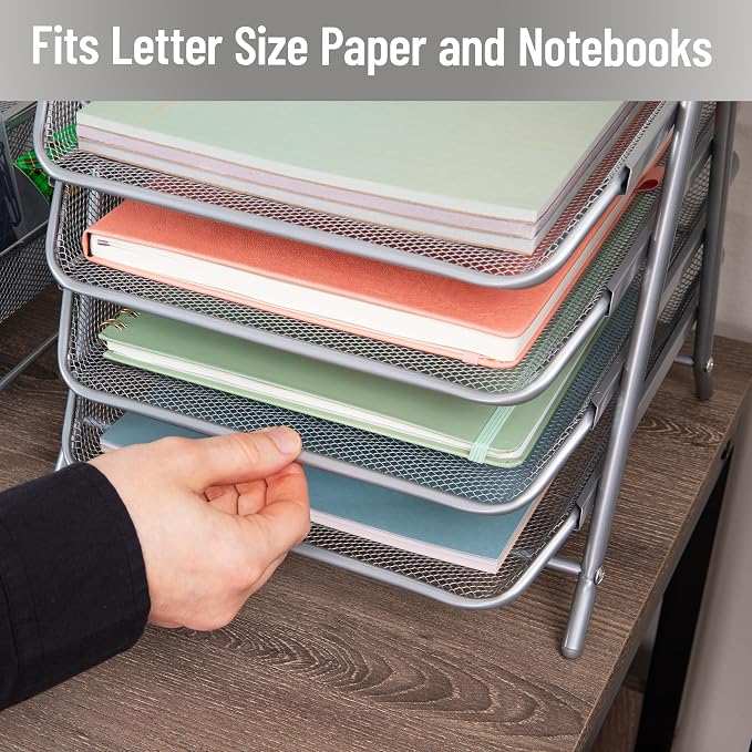 Mind Reader 4-Tier Paper Tray, Desktop Organizer, File Storage, Office, Metal Mesh, 12"L x 13.75"W x 12.5"H, Silver