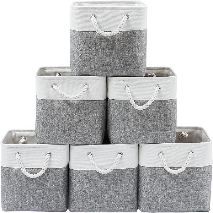 MidmmVick 13 x 13 Inch Cube Storage Bins, 6 Pack Extra Large Collapsible Fabric Storage Bin with Ropes, Foldable Storage Cubes for Home (White & Grey-13"x13"x13")