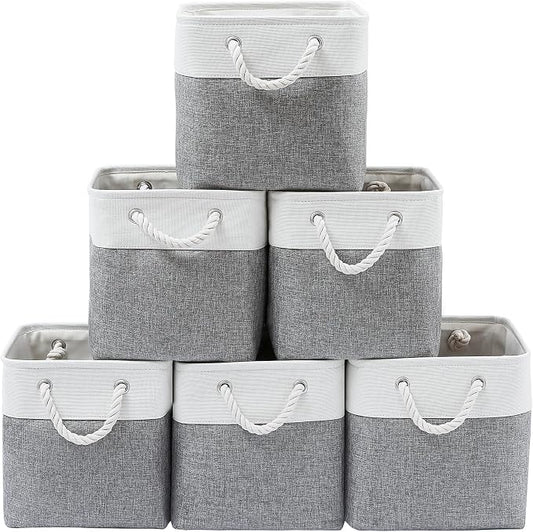MidmmVick 13 x 13 Inch Cube Storage Bins, 6 Pack Extra Large Collapsible Fabric Storage Bin with Ropes, Foldable Storage Cubes for Home (White & Grey-13"x13"x13")