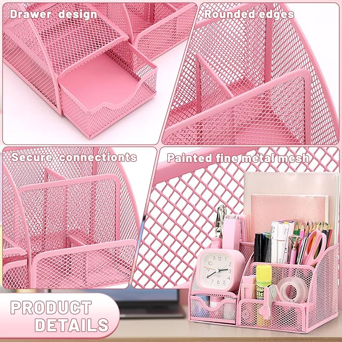 SYMDROMIA 13-in-1 Office Desk Organizer Set with Stapler and Tape Dispenser, Pen Holder, Scissors, Ruler, Hole Punch, 2 Pens & More Desktop Accessories for Back to School Supplies (Pink)