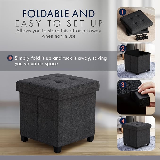 Ornavo Home Square Cube Storage Ottoman with Legs, 15x15x15, Black | Foot Rest Stool Seat; Holds Up to 600 lbs; Ideal for Living Room, Bedroom, Home Office or Dorm