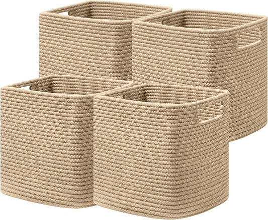 UBBCARE Set of 4 Storage Basket-13 X 13 X 13 In, Cotton Rope Basket for Shelves, Toys, Book, Cube Storage Bins with Handles, Woven Storage Basket for Organizing, Brown